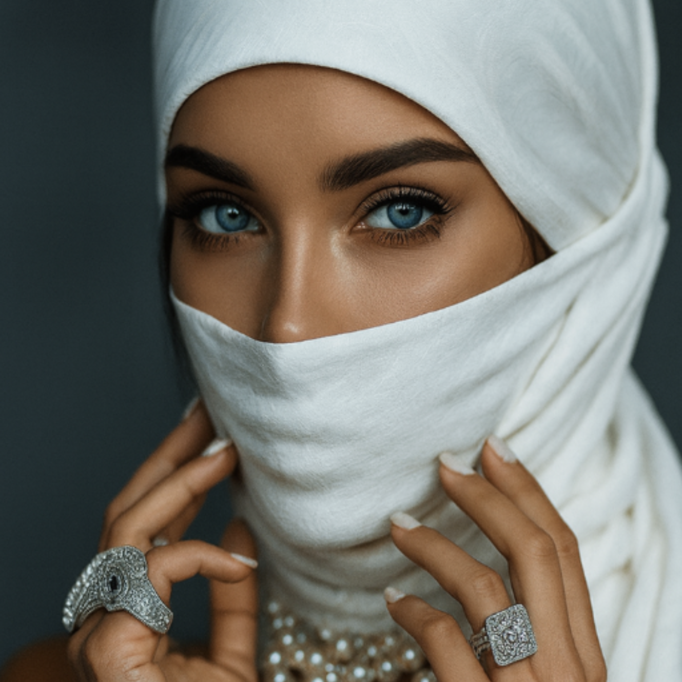 Porträt einer Frau mit weißen Tuch und blauen Augen – kreative Fotografie für Videoproduktion Düsseldorf